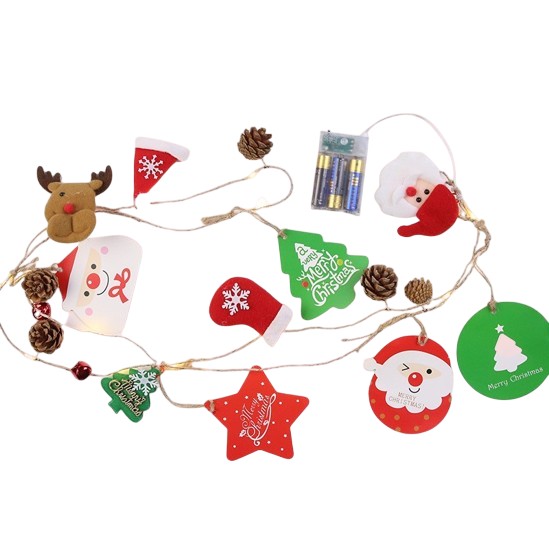 Instalatie Craciun cu baterii, 2 metri, 20 LED-uri tip Conuri de pin si figurine, Alb Cald, Flippy