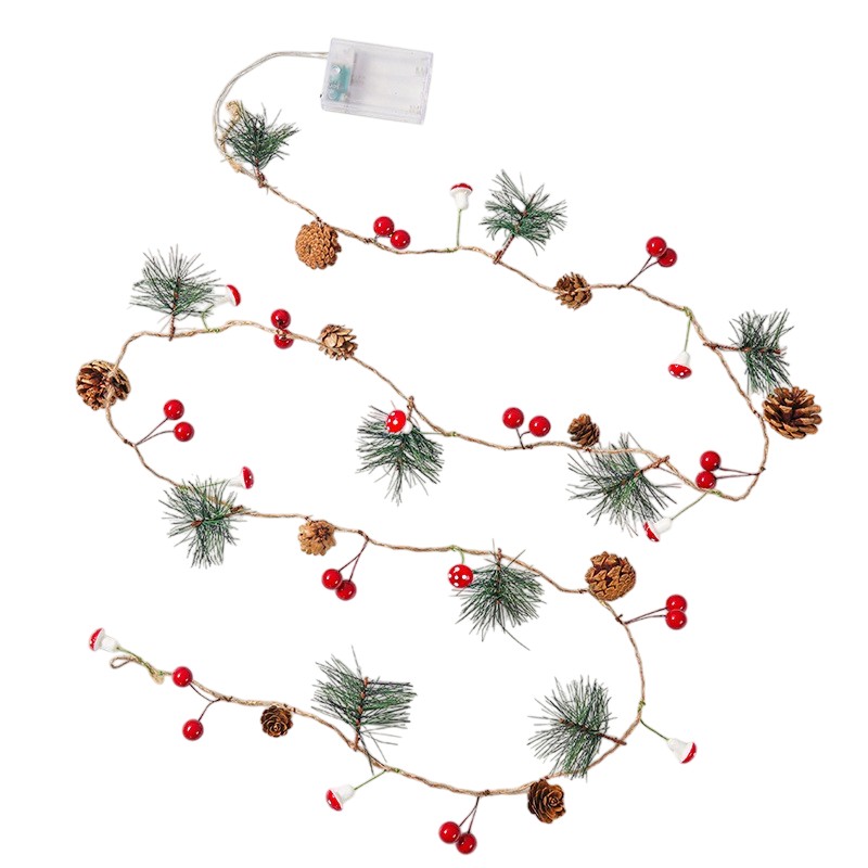 Instalatie Craciun cu baterii, 2 metri, 20 LED-uri tip Ace, conuri de pin si ciuperci, Alb Cald, Flippy