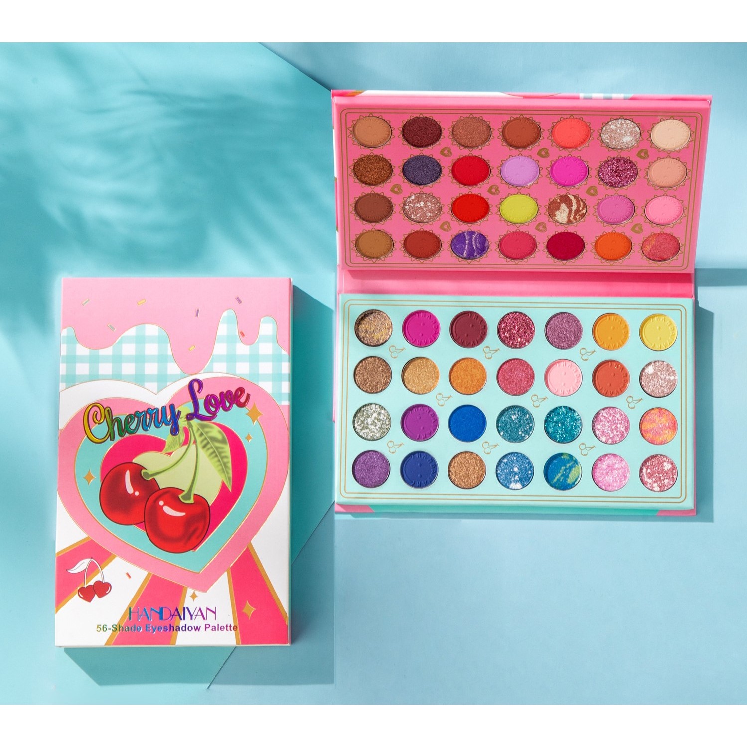 Trusa de machiaj, paleta de farduri Handayan Cherry love cu 56 de culori pigmentate, Flippy