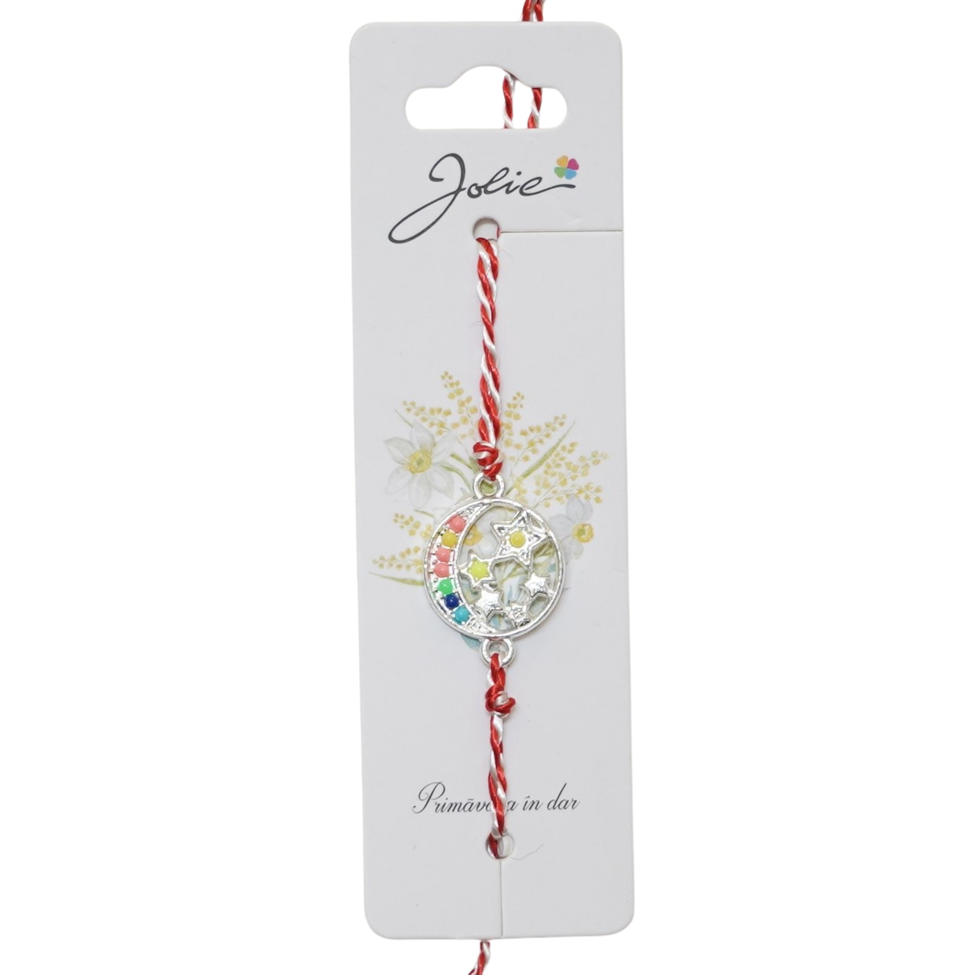 Martisor Bratara Snur Alb-Rosu, Jolie, Pandantiv Metalic, Model Luna si Stele