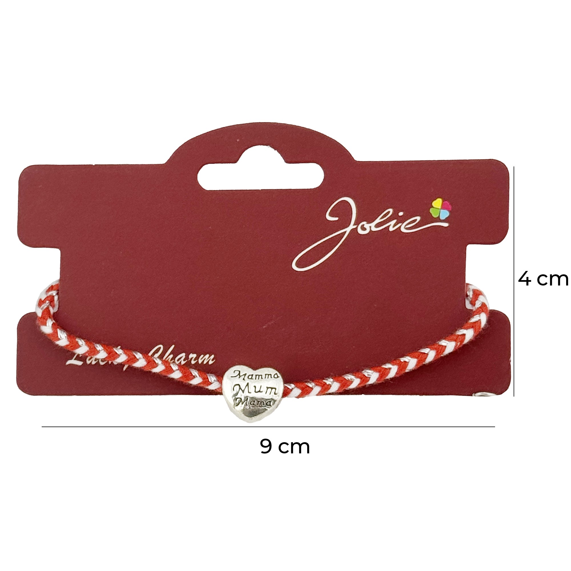 Bratara Martisor Reglabila, Jolie, Model Inima cu inscriptie: Mamma / Mum / Mama, snur Impletit, 9 x 4 cm, Alb Rosu