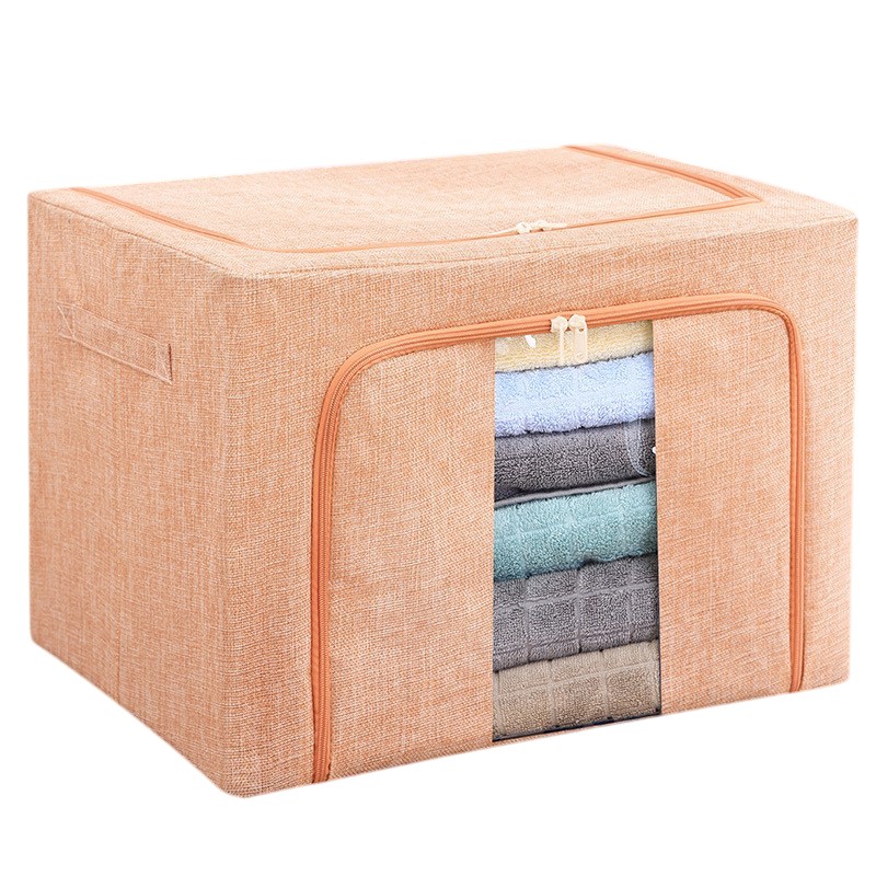 Cutie de Depozitare Pliabila, Flippy, 66 L, din Bumbac si In, 50x40x33 cm, Fereastra Frontala, 2 Usi de Acces cu Fermoar Bidirectional, Cadru Metalic, Suport Baza Stabil din Plastic, Roz Pudrat