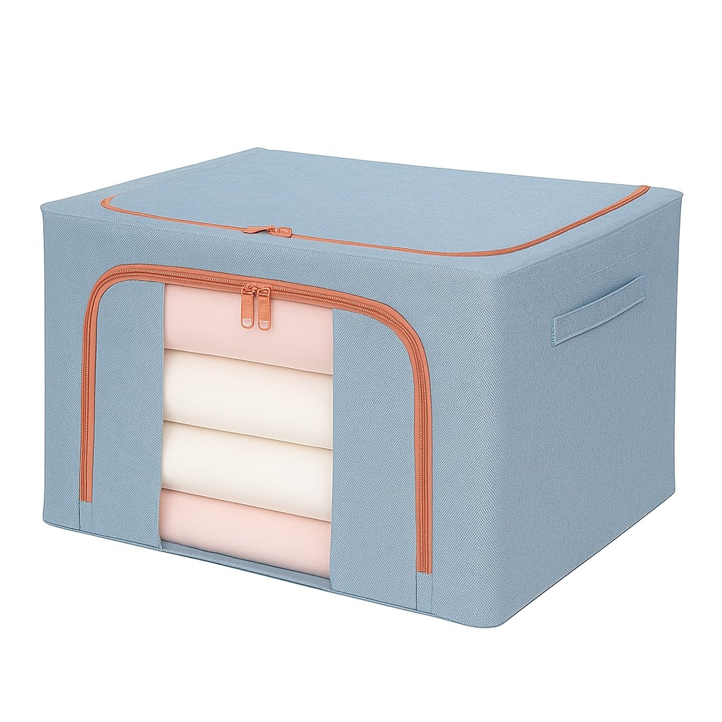 Cutie de Depozitare Pliabila, Flippy, 66 L, din Bumbac si In, 50x40x33 cm, Fereastra Frontala Transparenta, 2 Usi de Acces cu Fermoar Bidirectional, Cadru Metalic, Suport Baza Stabil din Plastic, Bleu