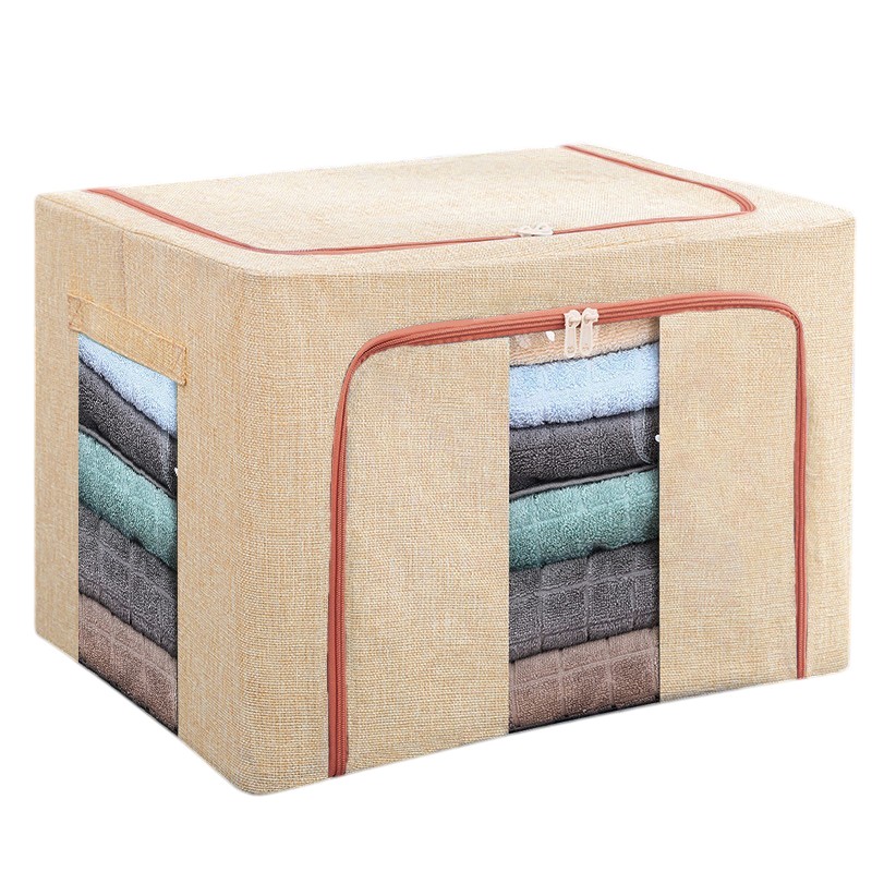 Cutie de Depozitare Pliabila, Flippy, 24 L, din Bumbac si In, 40x30x20 cm, 2 Ferestre, Frontala si Laterala, 2 Usi de Acces cu Fermoar Bidirectional, Cadru Metalic, Suport Baza Stabil din Plastic, Bej