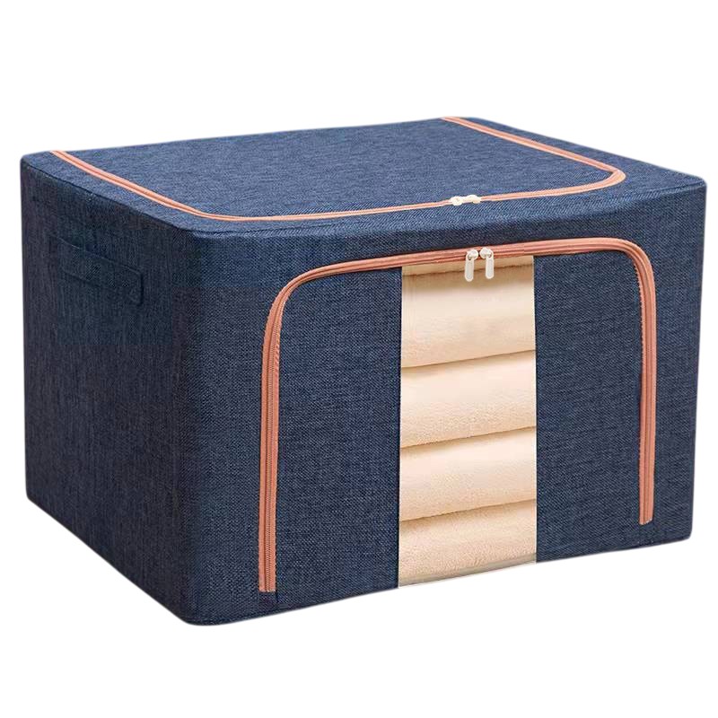 Cutie de Depozitare Pliabila, Flippy, 24 L, din Bumbac si In, 40x30x20 cm, Fereastra Frontala, 2 Usi de Acces cu Fermoar Bidirectional, Cadru Metalic, Suport Baza Stabil din Plastic, Albastru Marin