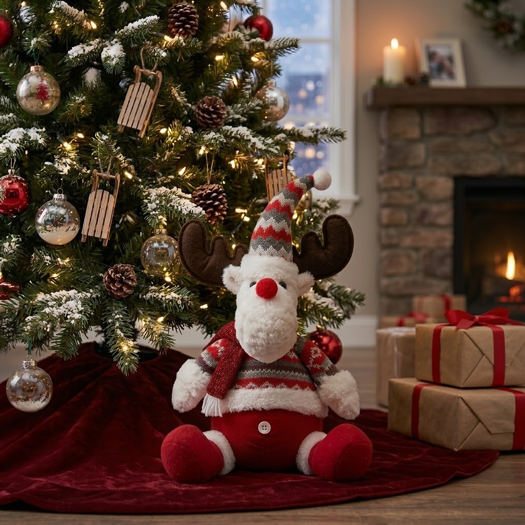 Ren De Plus Festiv, Flippy, Ren cu Nas Rosu si Pulover, Decoratiune De Craciun, Ornament De Pus Pe Polita Sau Sub Brad, 38 cm, Multicolor