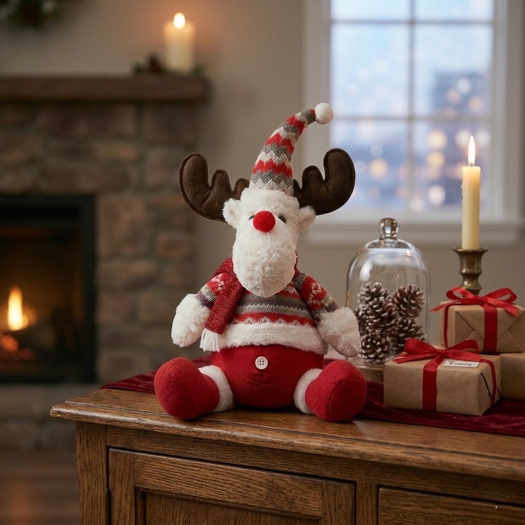 Ren De Plus Festiv, Flippy, Ren cu Nas Rosu si Pulover, Decoratiune De Craciun, Ornament De Pus Pe Polita Sau Sub Brad, 38 cm, Multicolor