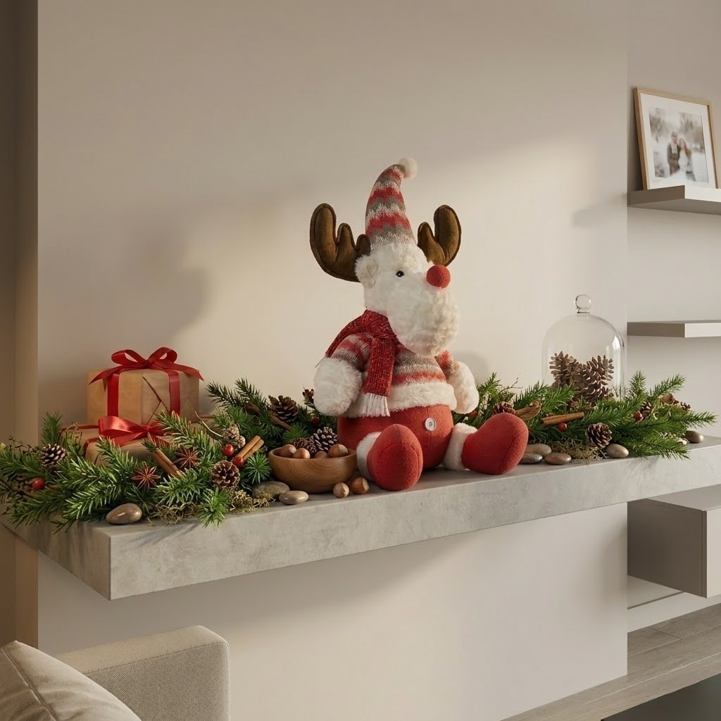 Ren De Plus Festiv, Flippy, Ren cu Nas Rosu si Pulover, Decoratiune De Craciun, Ornament De Pus Pe Polita Sau Sub Brad, 38 cm, Multicolor