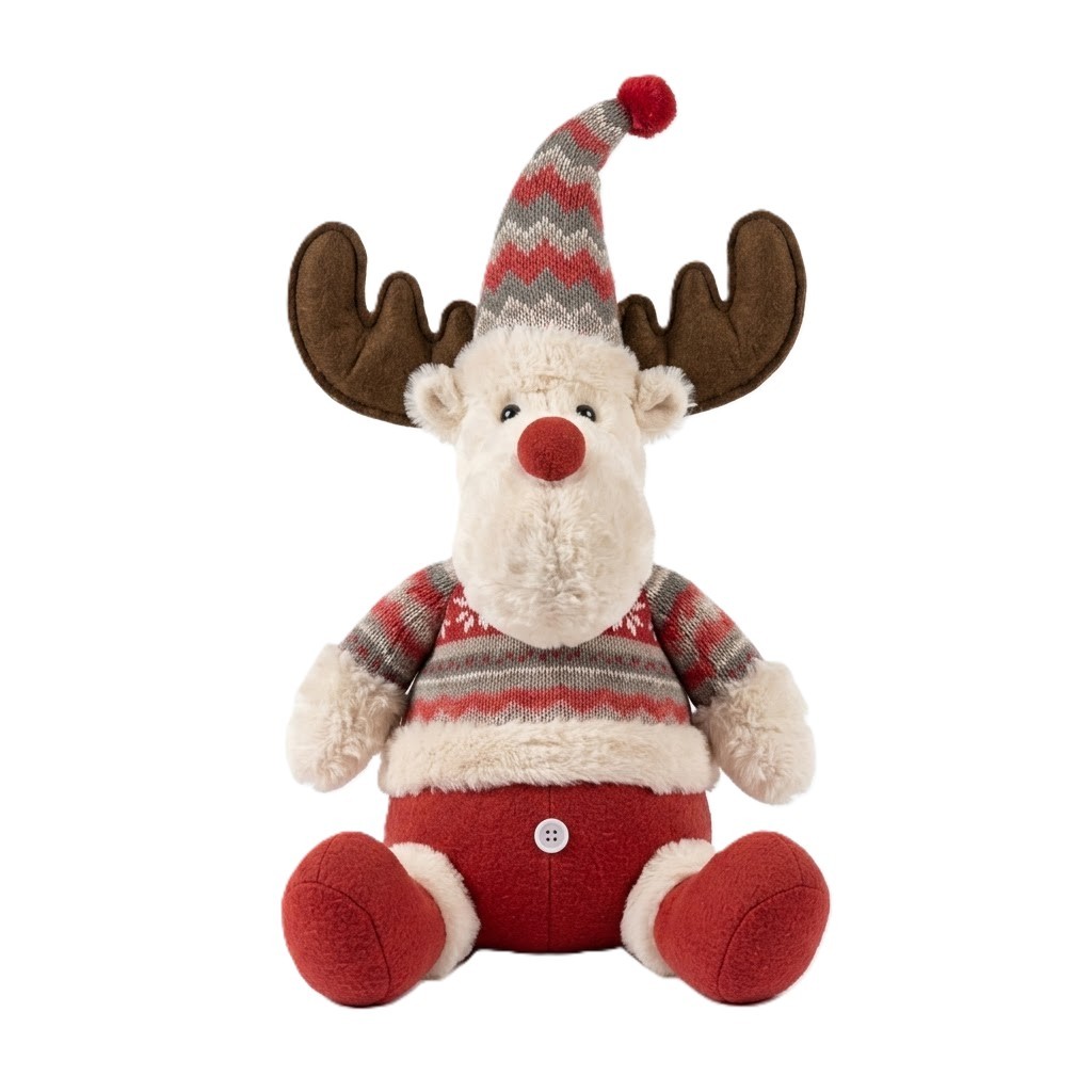 Ren De Plus Festiv, Flippy, Ren cu Nas Rosu si Pulover, Decoratiune De Craciun, Ornament De Pus Pe Polita Sau Sub Brad, 38 cm, Multicolor