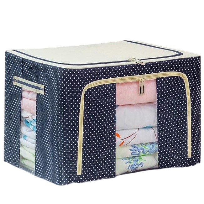 Cutie de Depozitare Pliabila, Flippy, 24 L, Panza Oxford, 40x30x20 cm, Fereastra Frontala, 2 Usi de Acces cu Fermoar Bidirectional, Cadru Metalic, Suport Baza Stabil din Plastic, Imprimeu buline, Albastru Marin