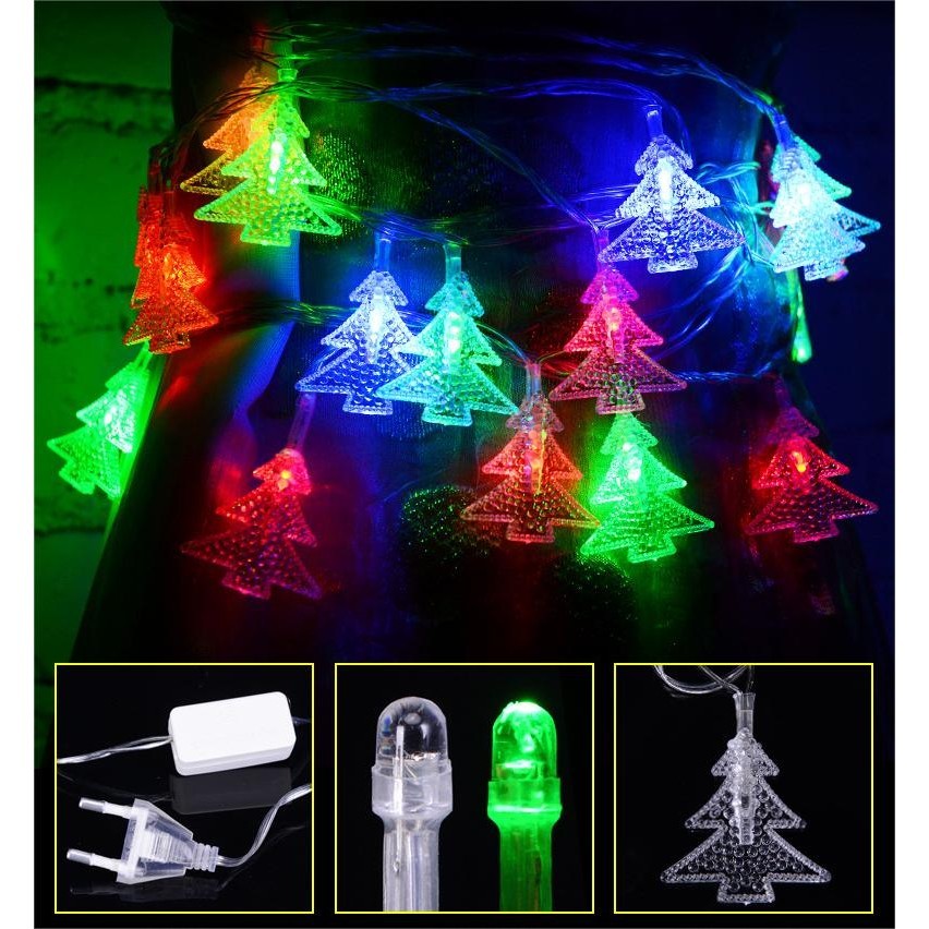 Ghirlanda luminoasa cu bec in forma de brazi, 4 metri, 30 LED-uri, forme din plastic, fir transparent, multicolora