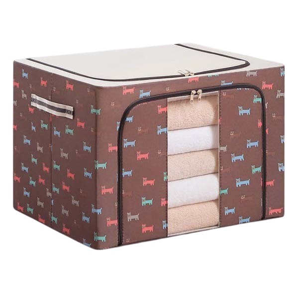 Cutie de Depozitare Pliabila, Flippy, 66 L, din Tesatura Oxford, 50x40x33 cm, Fereastra Frontala, 2 Usi de Acces cu Fermoar Bidirectional, Cadru Metalic, Suport Baza Stabil din Plastic, Imprimeu Catelusi, Maro