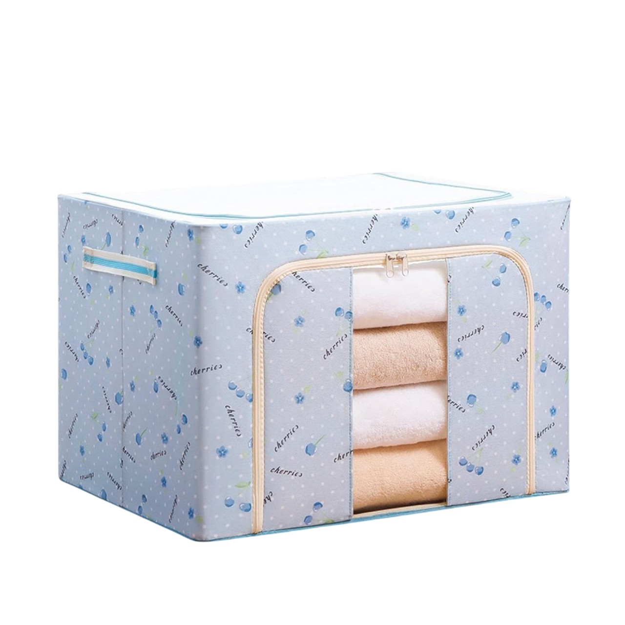 Cutie de Depozitare Pliabila, Flippy, 100 L, din Tesatura Oxford, 60x42x40 cm, Fereastra Frontala, 2 Usi de Acces cu Fermoar Bidirectional, Cadru Metalic, Suport Baza Stabil din Plastic, Imprimeu Cirese, Albastru