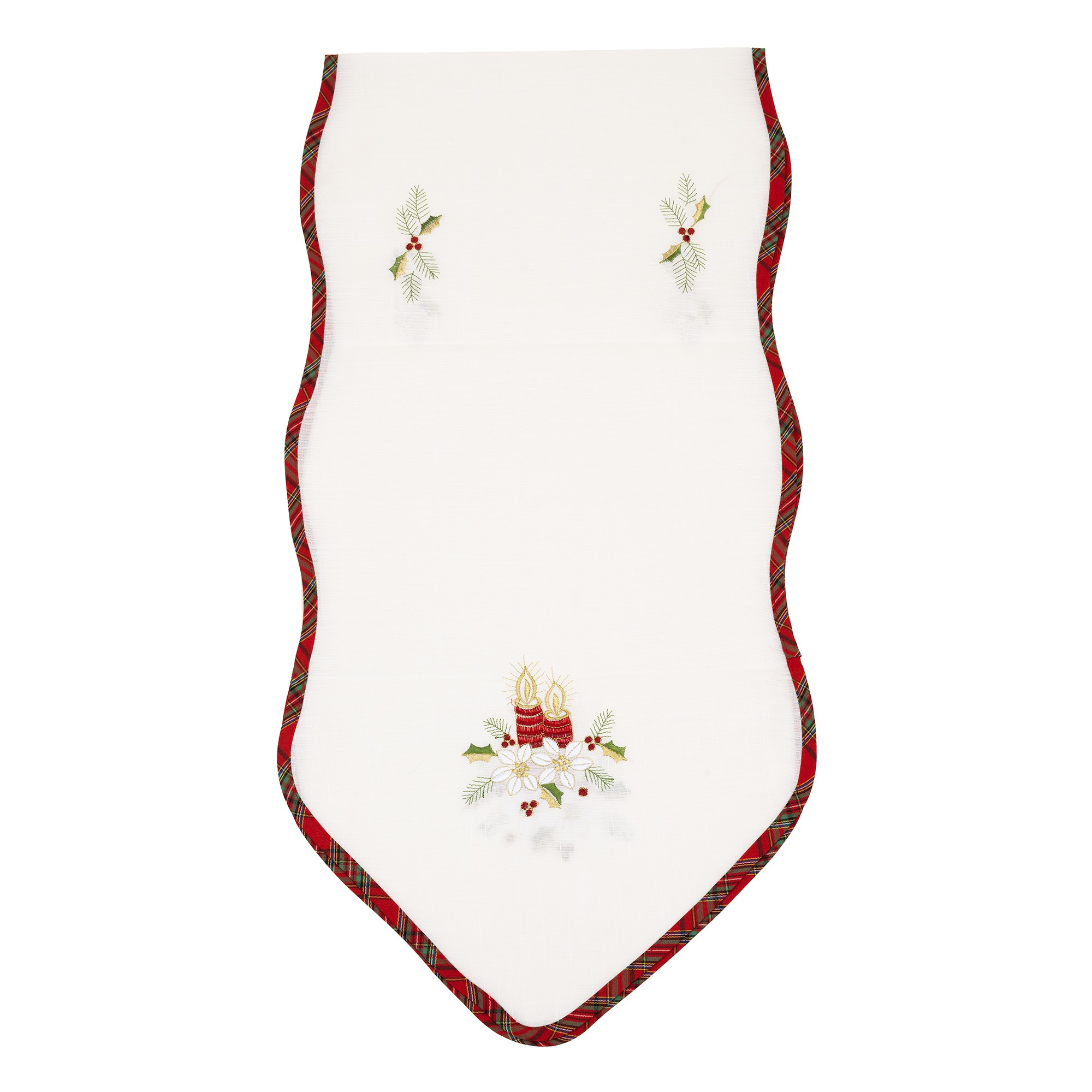 Fata de Masa Flippy, Material In Brodat, cu Motive Florale de Craciun si Lumanari, 180 x 40 cm, Alb