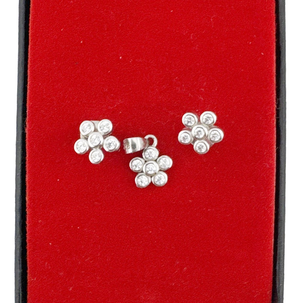 Set Bijuterii Dama Argint 925, Jolie, Cercei cu Pandativ, Model Floricele Rotunde cu Pietre Albe, 1.69 g, Argintiu