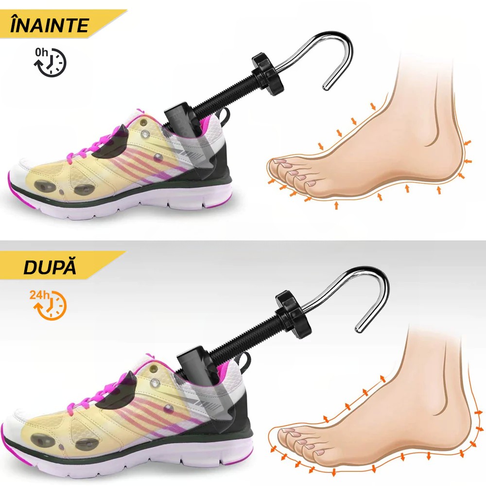 Set 2 Sanuri/Calapoade Reglabilile, Flippy, pentru Alungit si Largit Pantofi, Geanta si Incaltator Incluse, Universale, Unisex, din ABS Premium, Arc, Marime 35 - 42, Galben/Negru