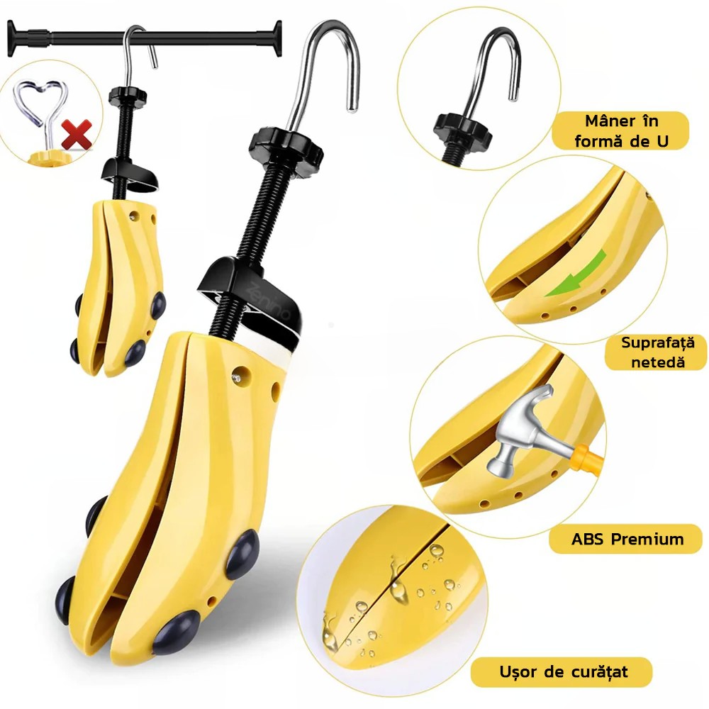 Set 2 Sanuri/Calapoade Reglabilile, Flippy, pentru Alungit si Largit Pantofi, Geanta si Incaltator Incluse, Universale, Unisex, din ABS Premium, Arc, Marime 35 - 42, Galben/Negru