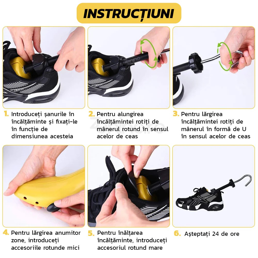 Set 2 Sanuri/Calapoade Reglabilile, Flippy, pentru Alungit si Largit Pantofi, Geanta si Incaltator Incluse, Universale, Unisex, din ABS Premium, Arc, Marime 35 - 42, Galben/Negru