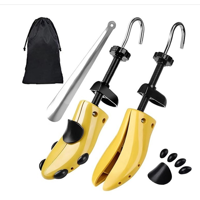 Set 2 Sanuri/Calapoade Reglabilile, Flippy, pentru Alungit si Largit Pantofi, Geanta si Incaltator Incluse, Universale, Unisex, din ABS Premium, Arc, Marime 35 - 42, Galben/Negru