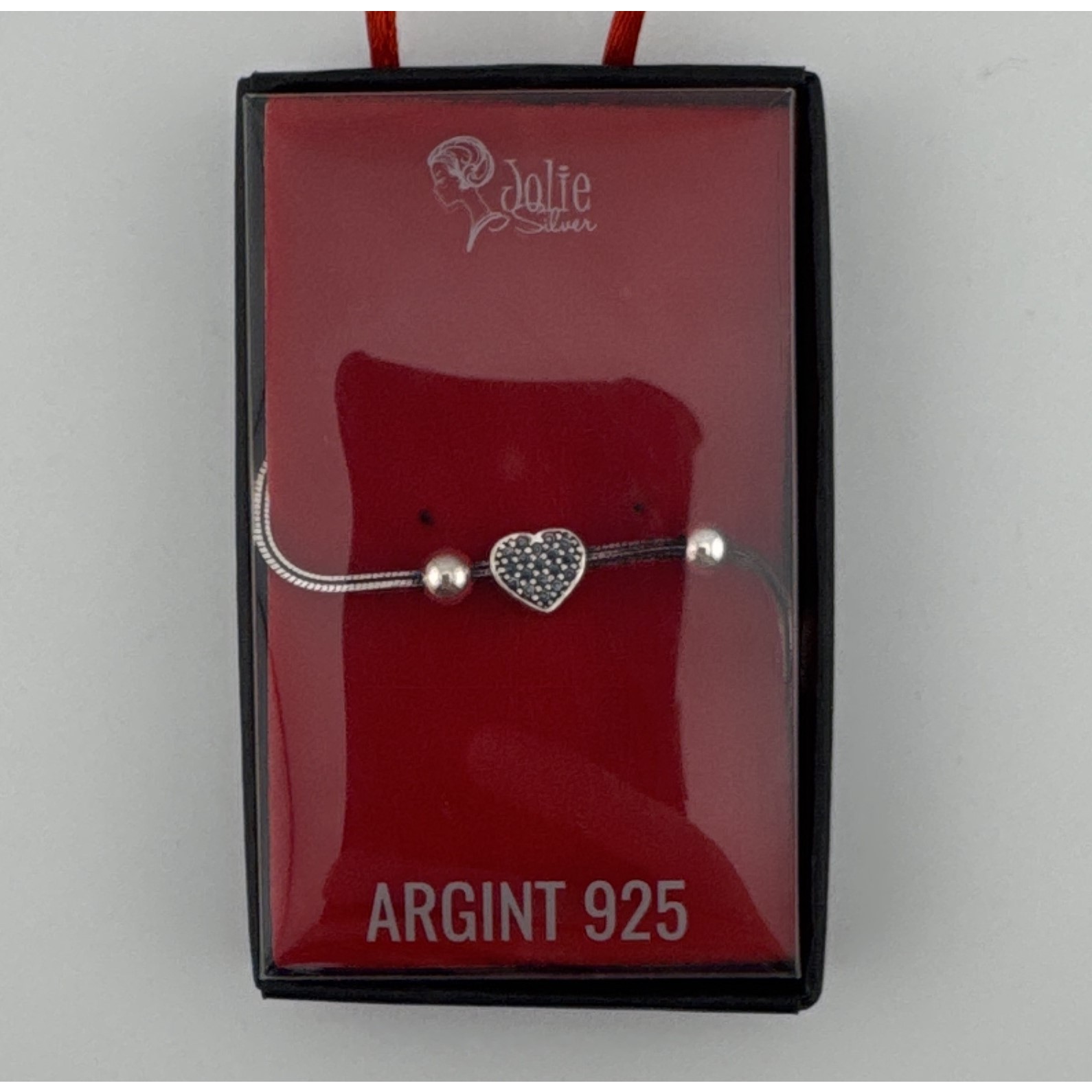 Brățară Jolie Silver din Argint 925, Model Snake cu Charm Inimă Pavé și Cristale Negre, 4.86g