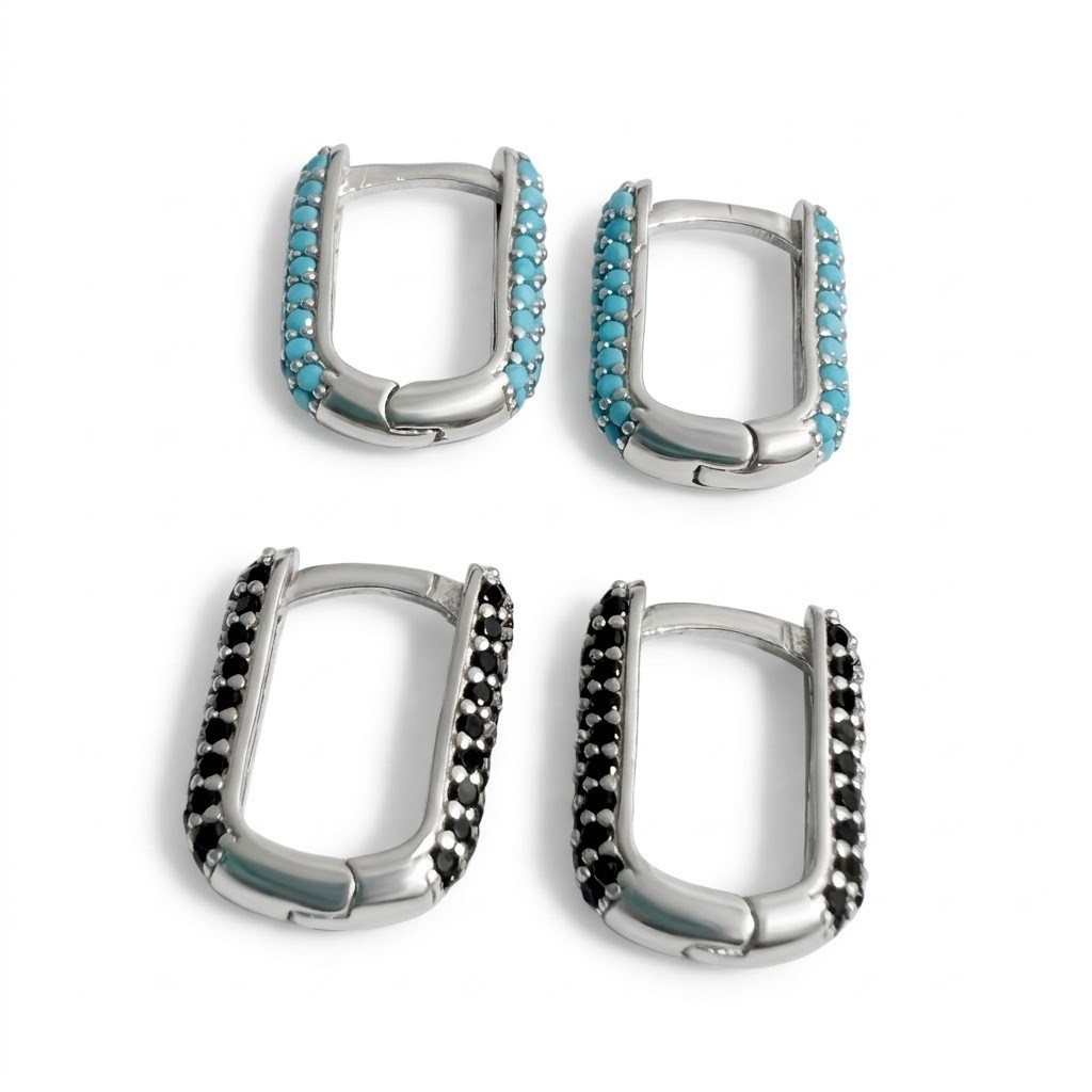 Cercei Argint 925, Jolie Silver, Model U Cu Cristale, Negru/Turcoaz, 2.31 g