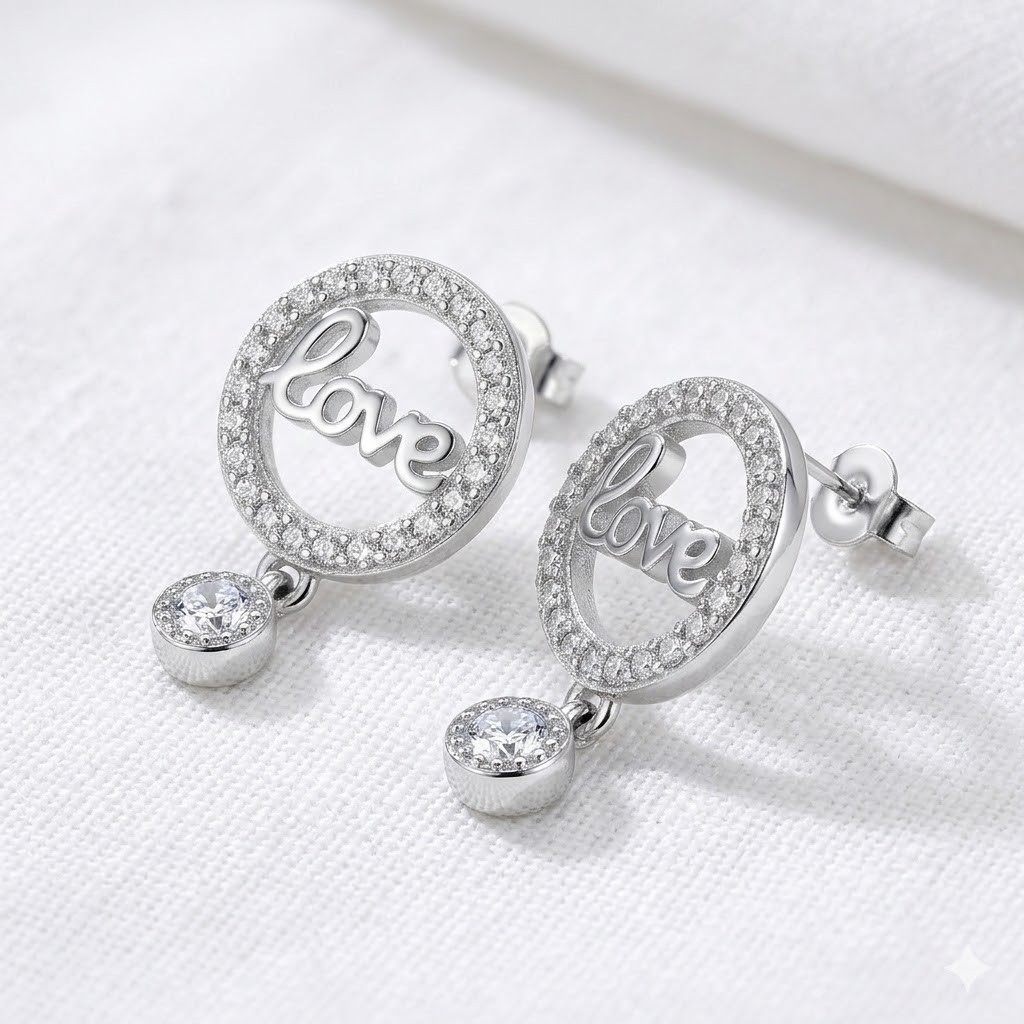 Cercei din Argint 925, Jolie Silver, pentru Dama, Model Love in Cerc cu Cristale, 1.74 g, Design Minimalist Elegant, Argintiu