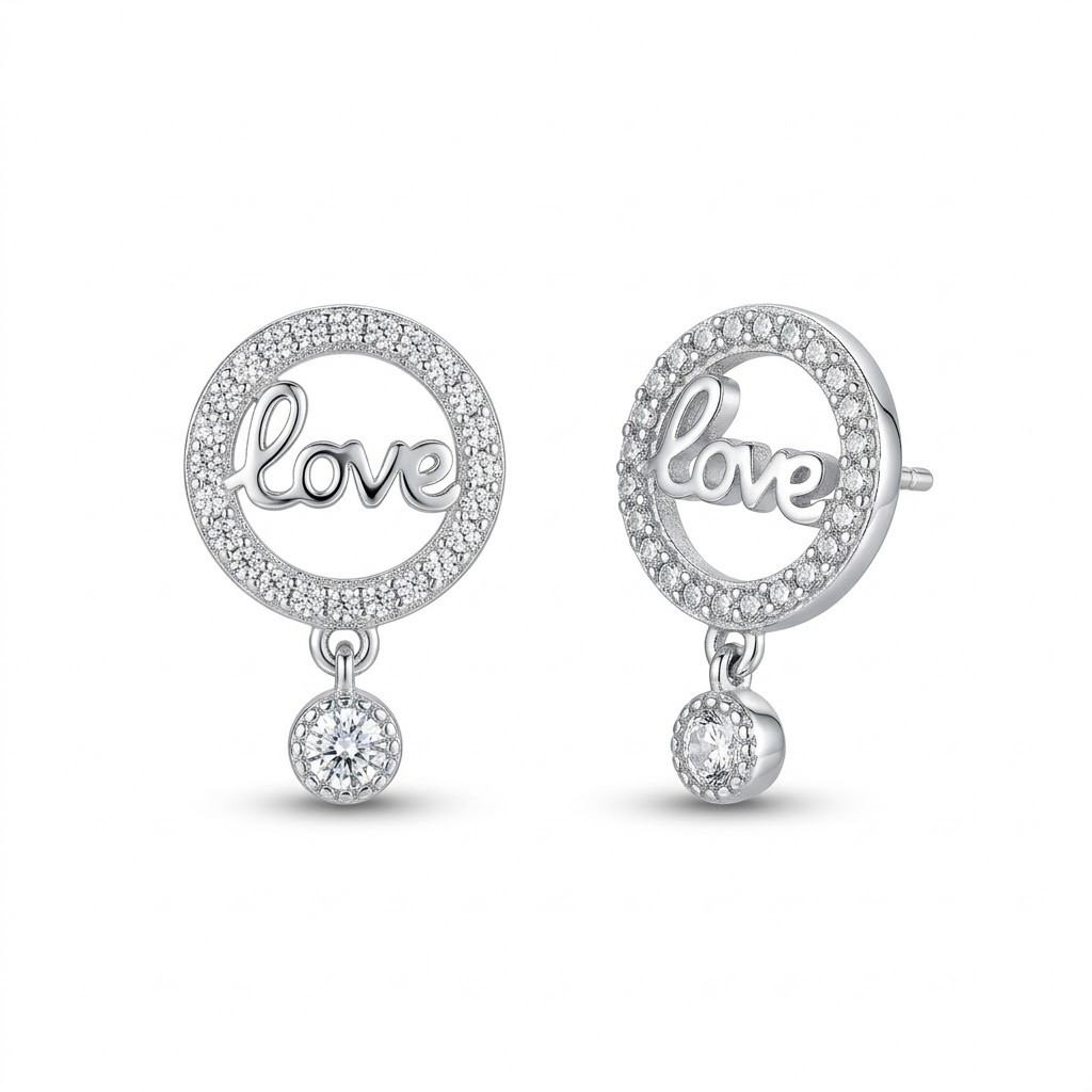 Cercei din Argint 925, Jolie Silver, pentru Dama, Model Love in Cerc cu Cristale, 1.74 g, Design Minimalist Elegant, Argintiu