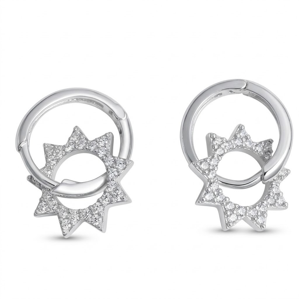 Cercei Argint 925, Jolie Silver, Soare Cu Cristale, Argintiu, 2.55 g