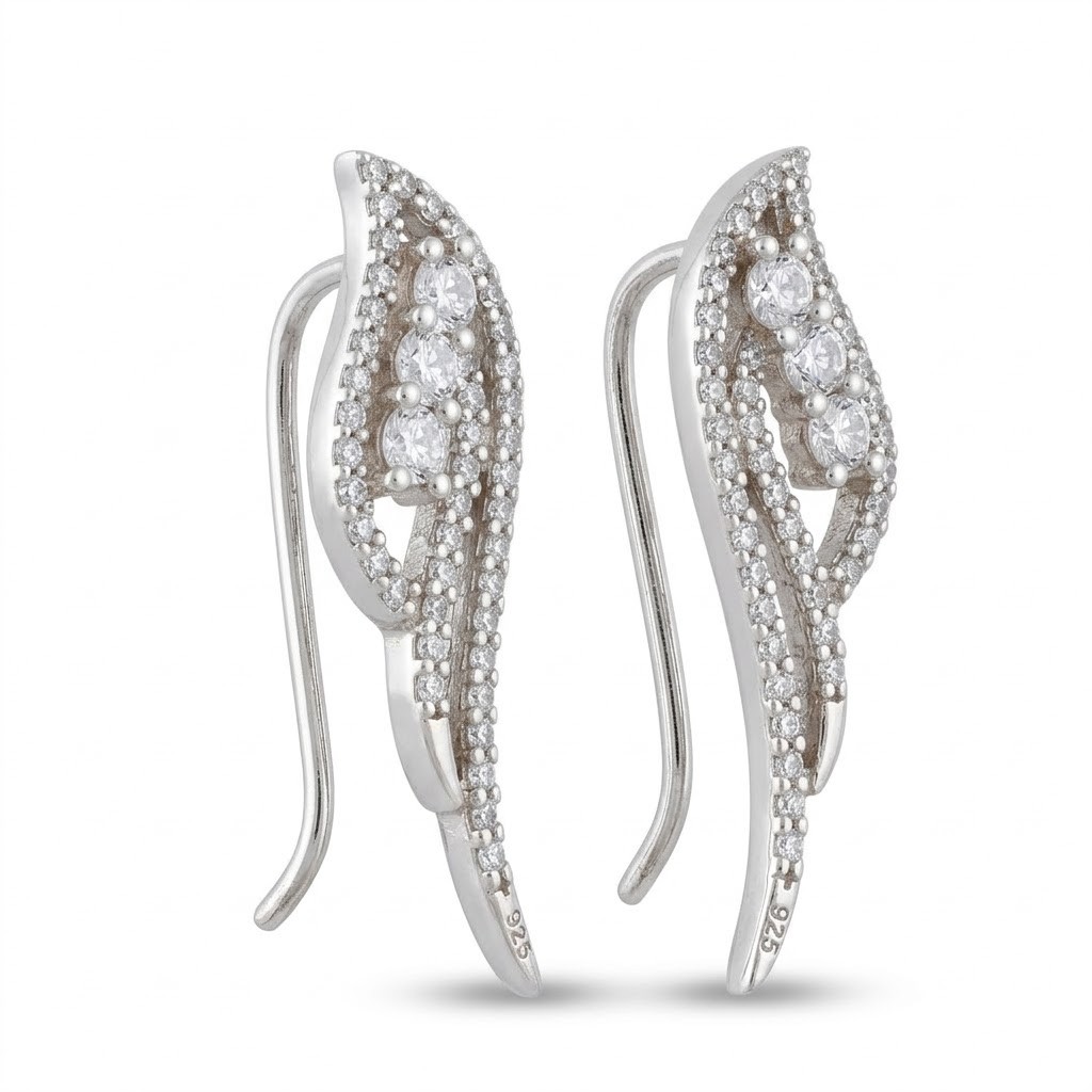 Cercei Argint 925 Jolie, Model Aripi pe Lob cu Pietre, Argintiu, 3.31 g