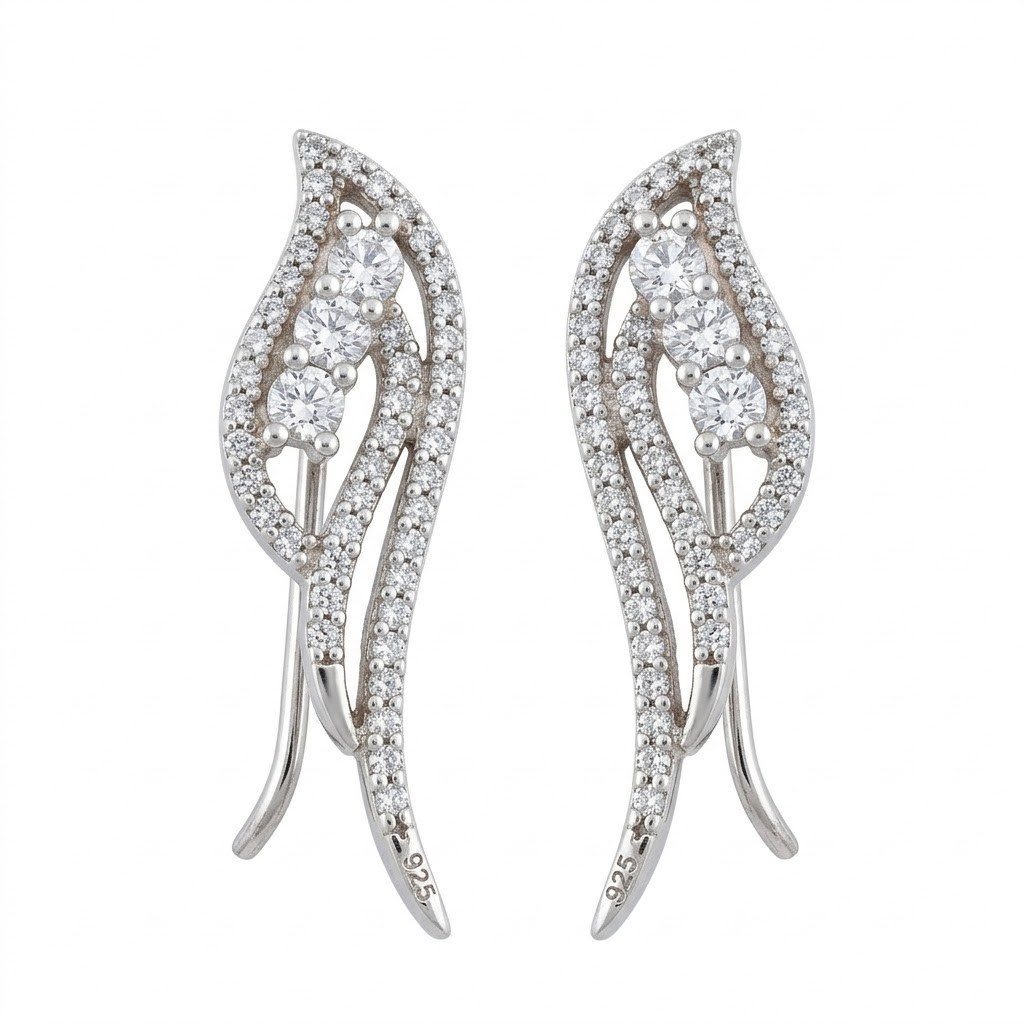 Cercei Argint 925 Jolie, Model Aripi pe Lob cu Pietre, Argintiu, 3.31 g