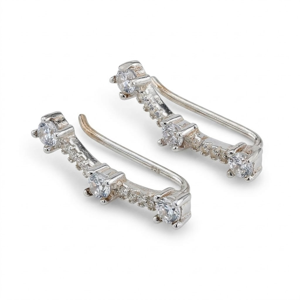 Cercei Argint 925 Jolie, Model Bagheta pe Lob cu Pietre, Argintiu, 2.37 g