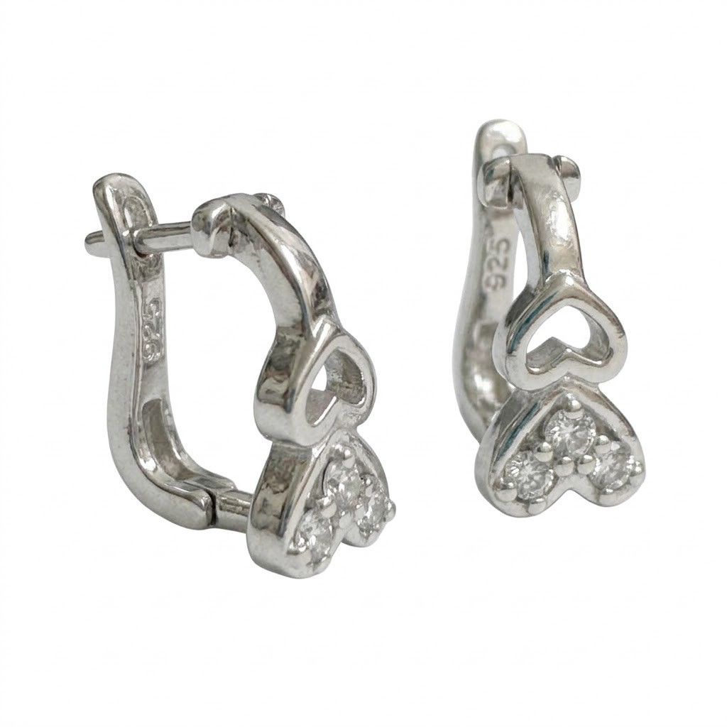 Cercei din Argint 925, Jolie Silver, pentru Dama, Model Tortite Cu Doua Inimi, 1.99 g, Design Fin si Romantic, Argintiu