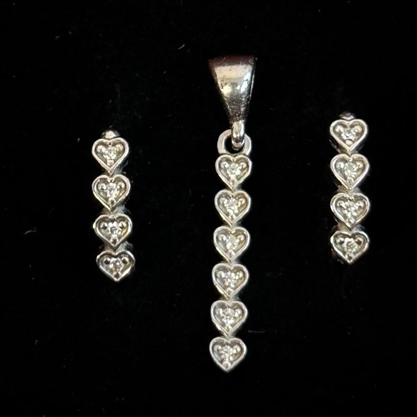 Set din Argint 925 Cercei si Pandantiv, Jolie Silver, pentru Dama, Model Inimi cu Pietre,  Design Fin si Romantic, 3.52 g, Argintiu