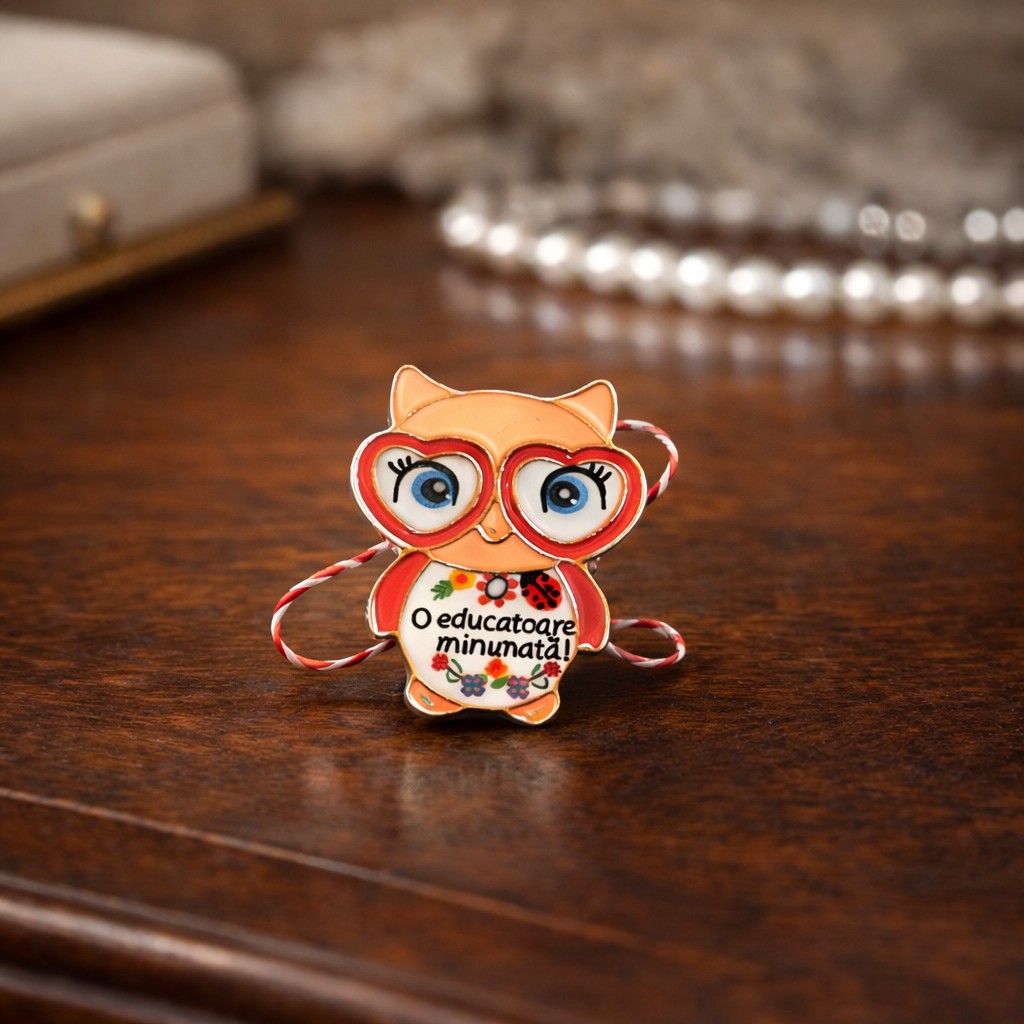 Martisor Brosa Mica in Cutie, Jolie, Model Bufnita O Educatoare Minunata, Metal, 5 x 3 cm, Multicolor