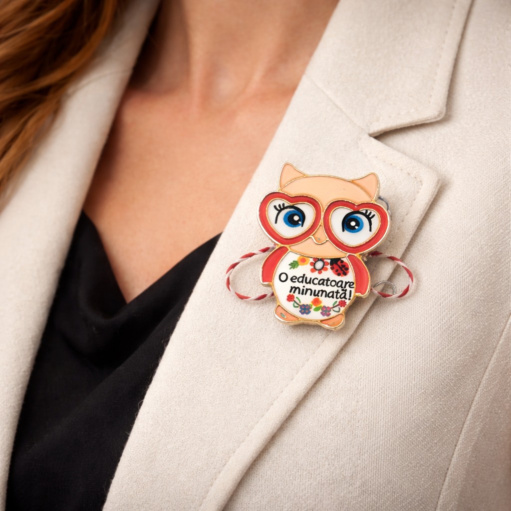 Martisor Brosa Mica in Cutie, Jolie, Model Bufnita O Educatoare Minunata, Metal, 5 x 3 cm, Multicolor