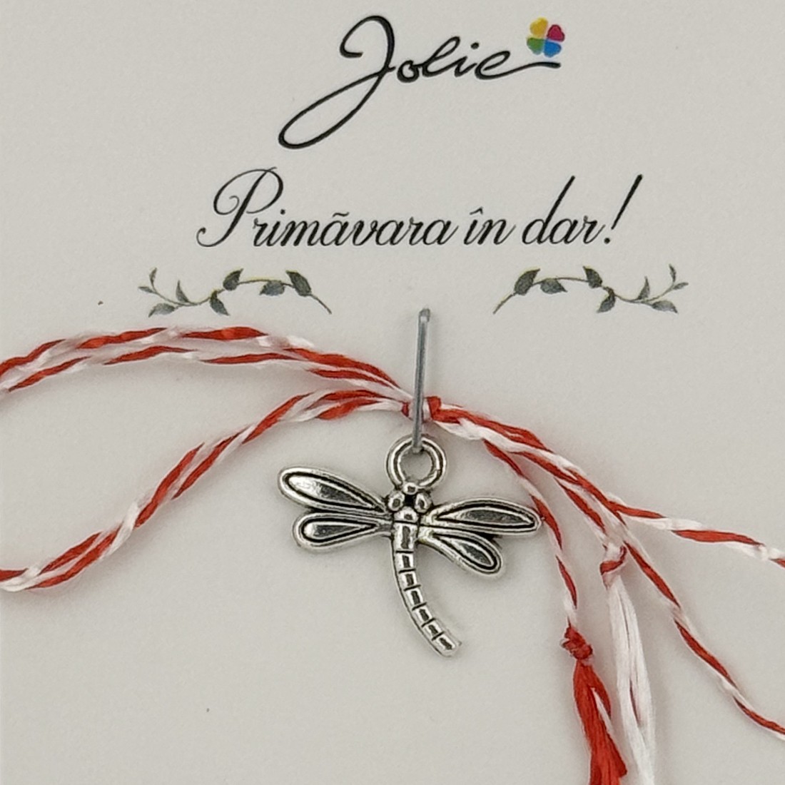 Martisor Traditional, Jolie, Model Libelula, cu Snur Impletit Alb/Rosu, 8.5 x 5.5 cm. Argintiu