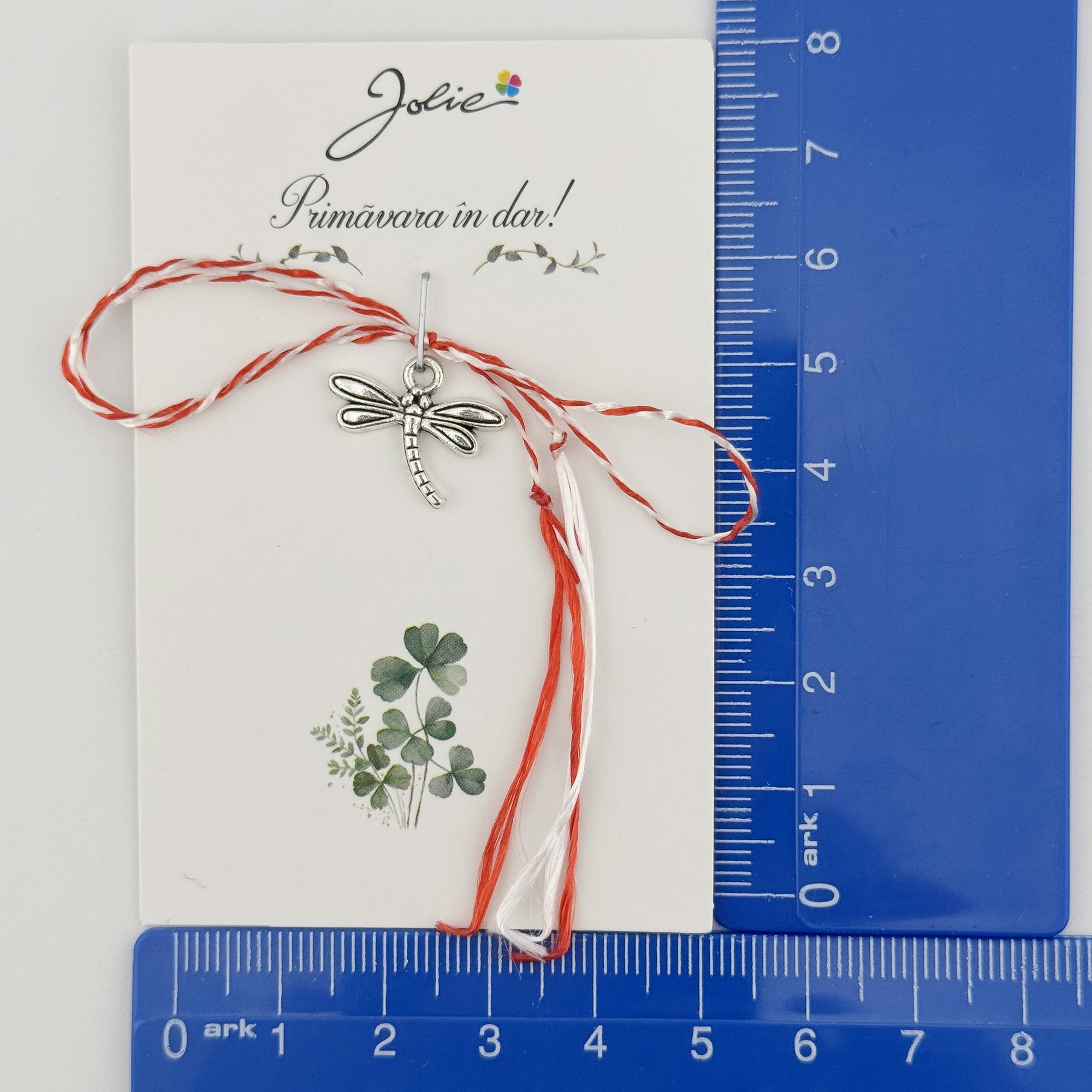 Martisor Traditional, Jolie, Model Libelula, cu Snur Impletit Alb/Rosu, 8.5 x 5.5 cm. Argintiu