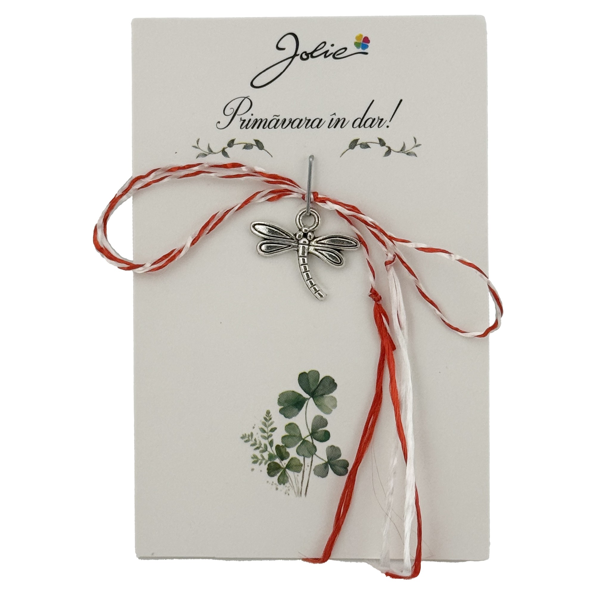 Martisor Traditional, Jolie, Model Libelula, cu Snur Impletit Alb/Rosu, 8.5 x 5.5 cm. Argintiu