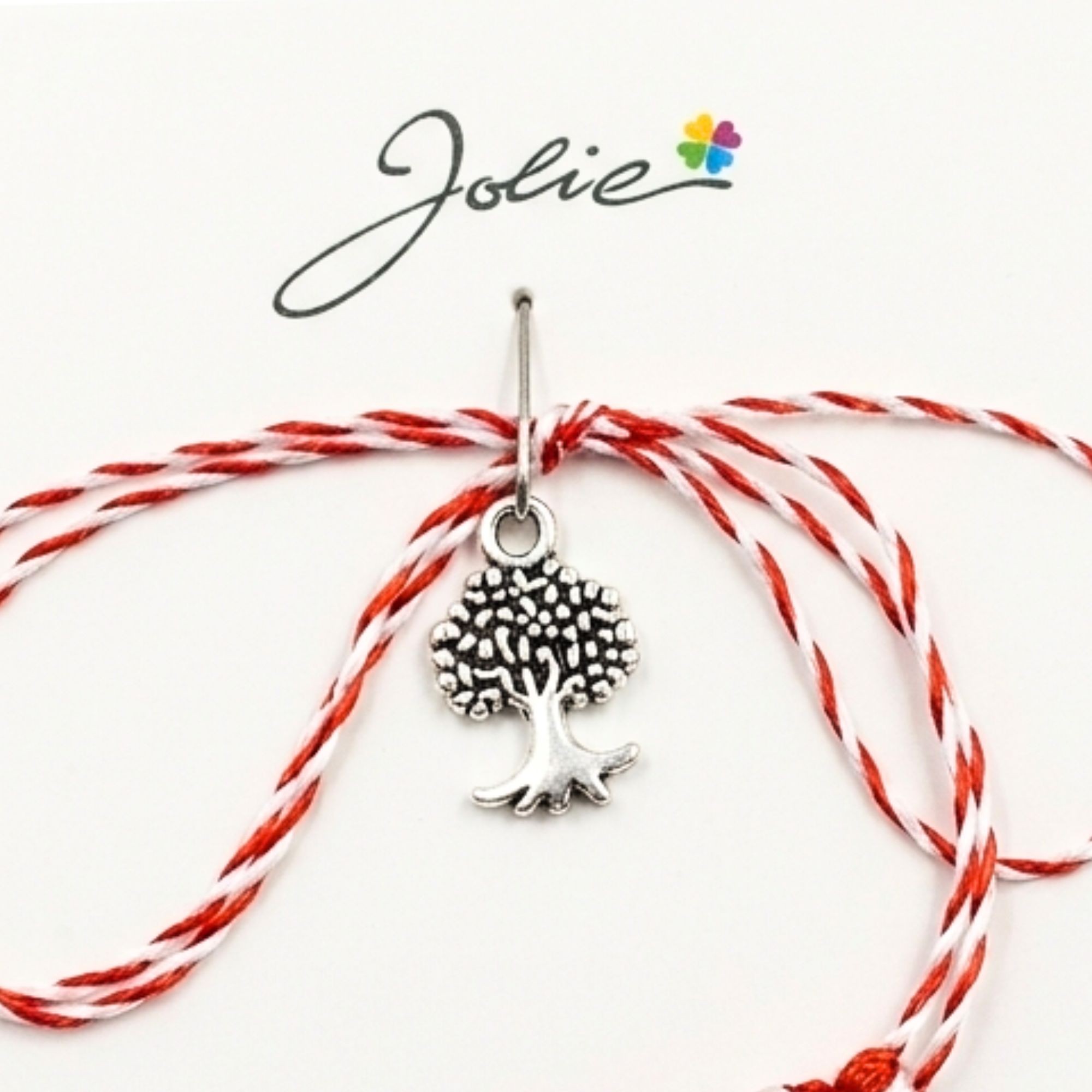 Martisor Traditional, Jolie, Model Copac, cu Snur Impletit Alb/Rosu, 8.5 x 5.5 cm, Argintiu