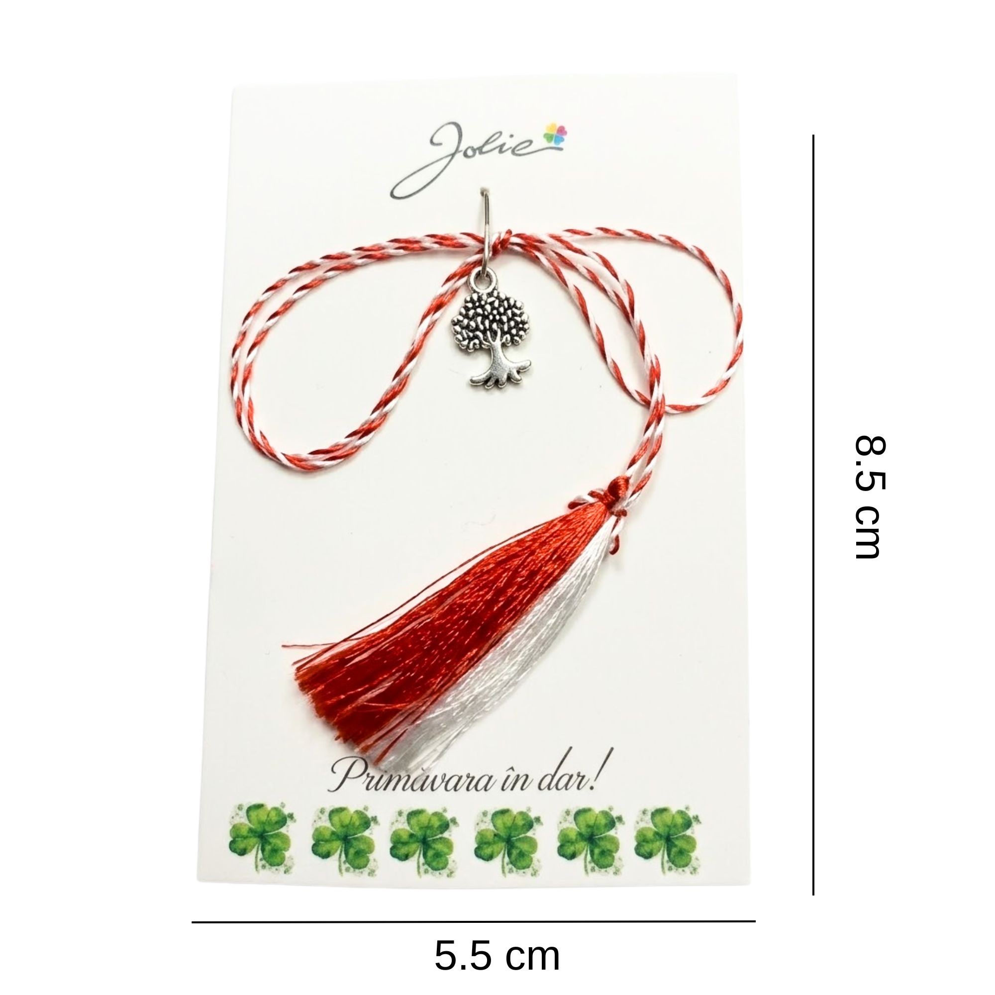 Martisor Traditional, Jolie, Model Copac, cu Snur Impletit Alb/Rosu, 8.5 x 5.5 cm, Argintiu