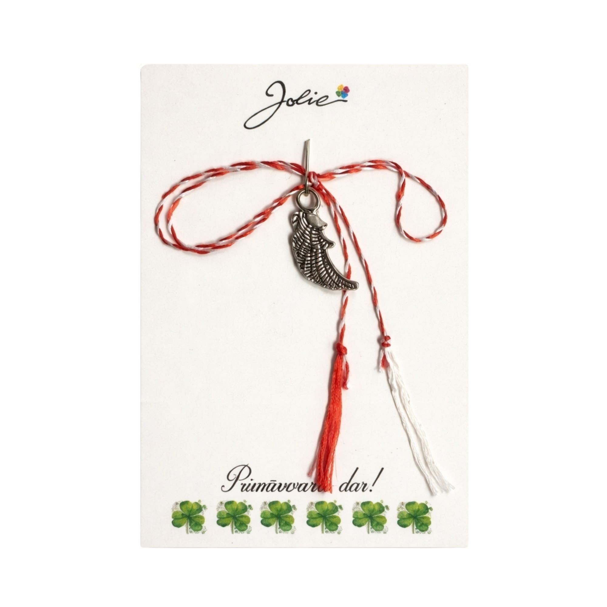 Martisor Traditional, Jolie, Model Aripa, cu Snur Impletit Alb/Rosu, 8.5 x 5.5 cm, Argintiu