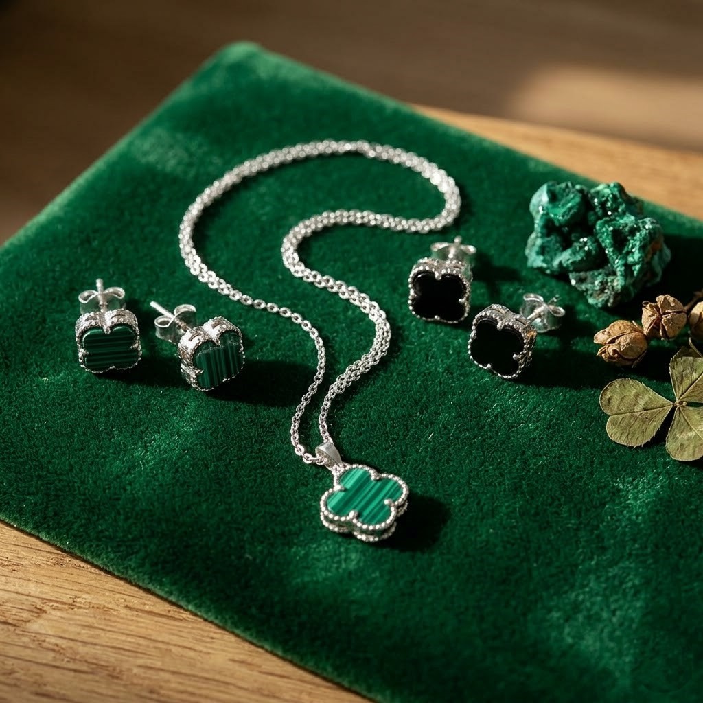 Set din Argint 925 (Colier si Cercei), Jolie Silver, Model Trifoi, 3.54 g, Verde-Negru 2