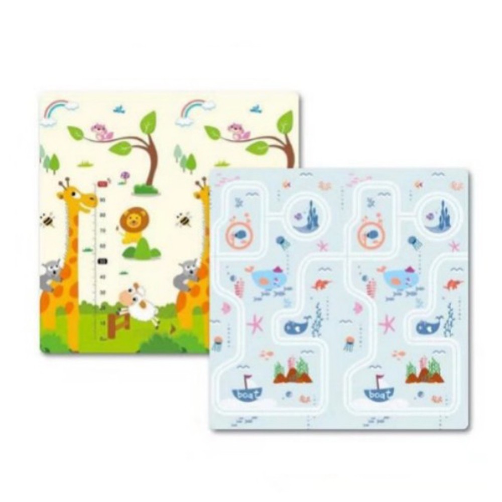 Covoras de Joaca pentru Copii Termic cu 2 Fete, Flippy, Model Girafe si Calatorie pe Mare, cu Spuma, Impermeabil, Antiderapant, 200cm x 180cm x 0.8cm