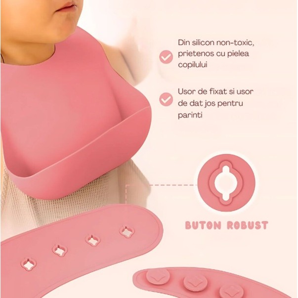 Set 10 Piese Servire Masa. Flippy, pentru Bebelusi si Copii, din Silicon/Lemn, cu Ventuze Anti-alunecare, fara Alergeni. +6 Luni, Model Elefant, Roz