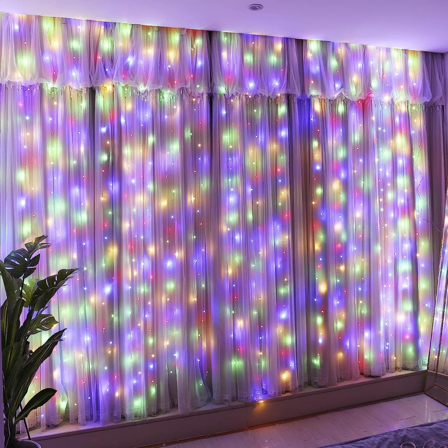 Instalatie de Craciun, Flippy®, Tip Perdea, cu Baterii, 8 Jocuri de Lumini, Muzica, cu Telecomanda, 2 x 2 m, 200 Led-uri, Multicolor