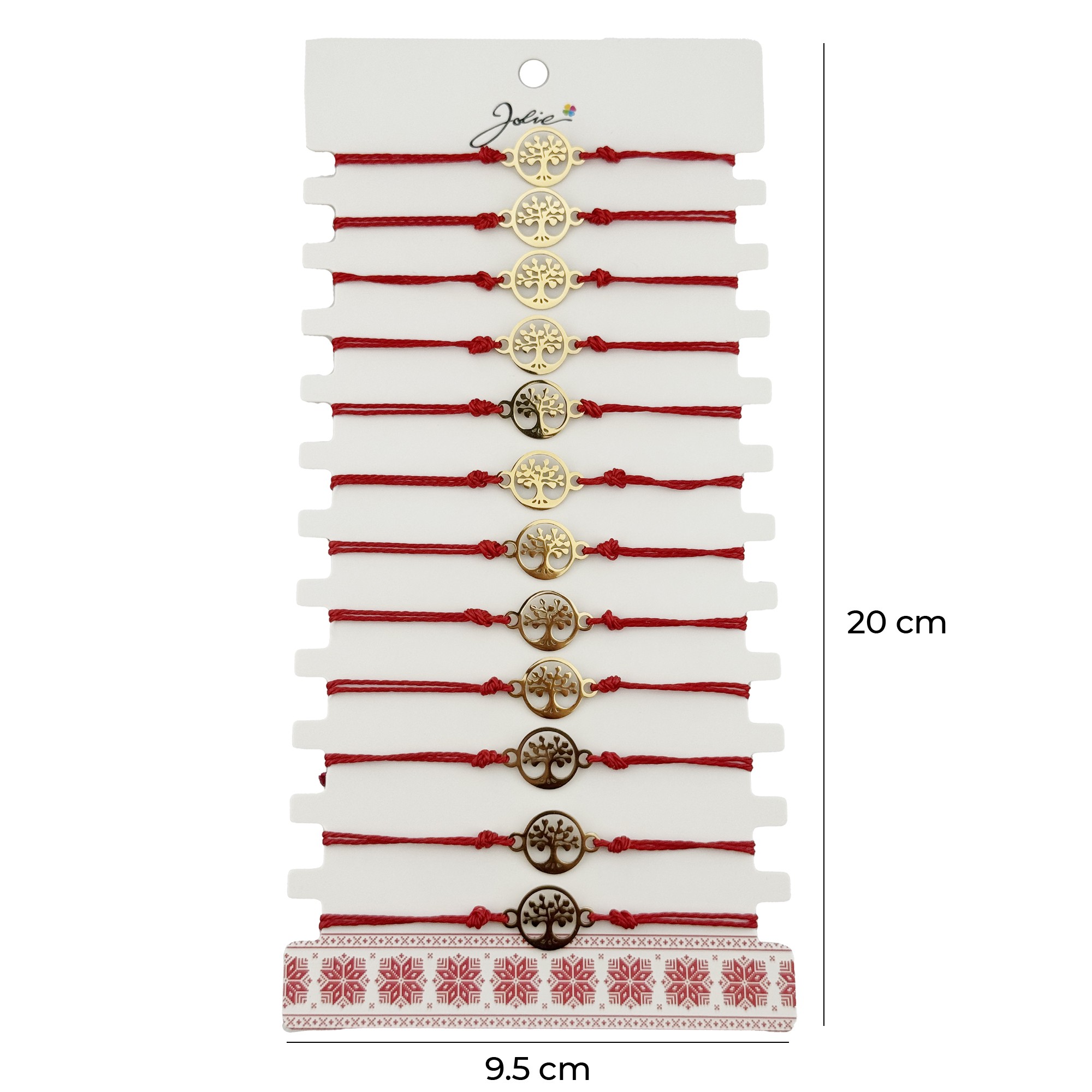 Bratara Martisor pentru Dama, Jolie, Model Copacul Vietii, Set 12 bucati, Pandativ Auriu din Inox cu Snur Rosu Ajustabil