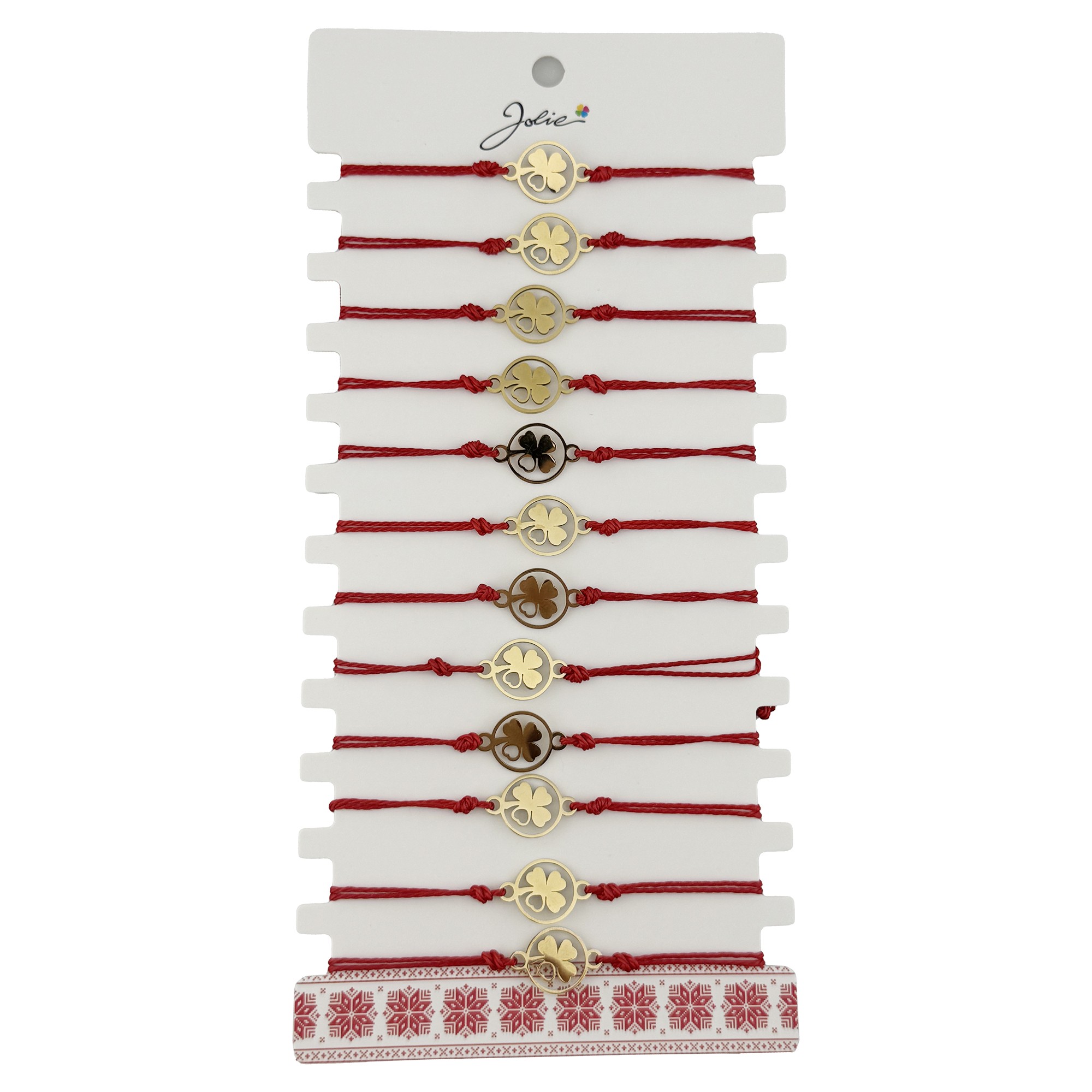 Bratara Martisor pentru Dama, Jolie, Model Trifoi cu Inima pe Petala, Set 12 bucati, Pandativ Auriu din Inox cu Snur Rosu Ajustabil