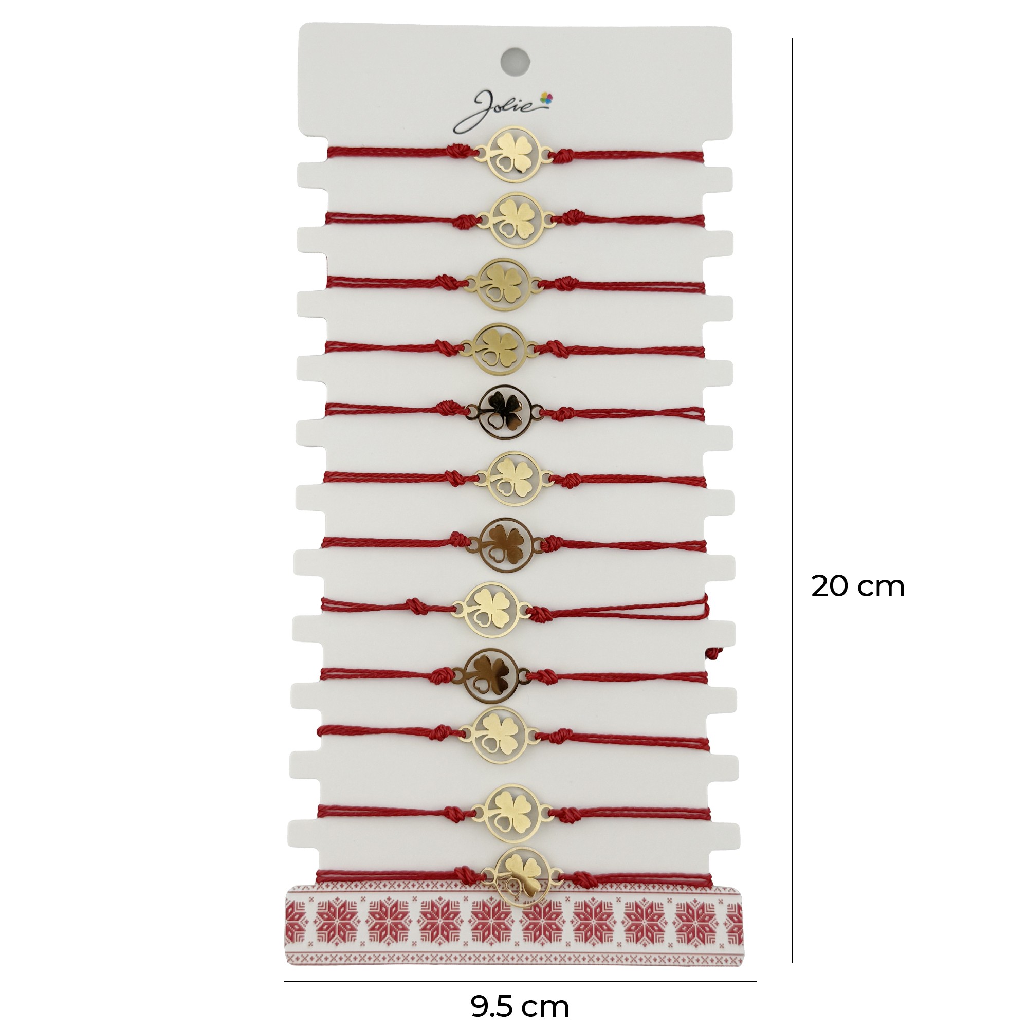 Bratara Martisor pentru Dama, Jolie, Model Trifoi cu Inima pe Petala, Set 12 bucati, Pandativ Auriu din Inox cu Snur Rosu Ajustabil