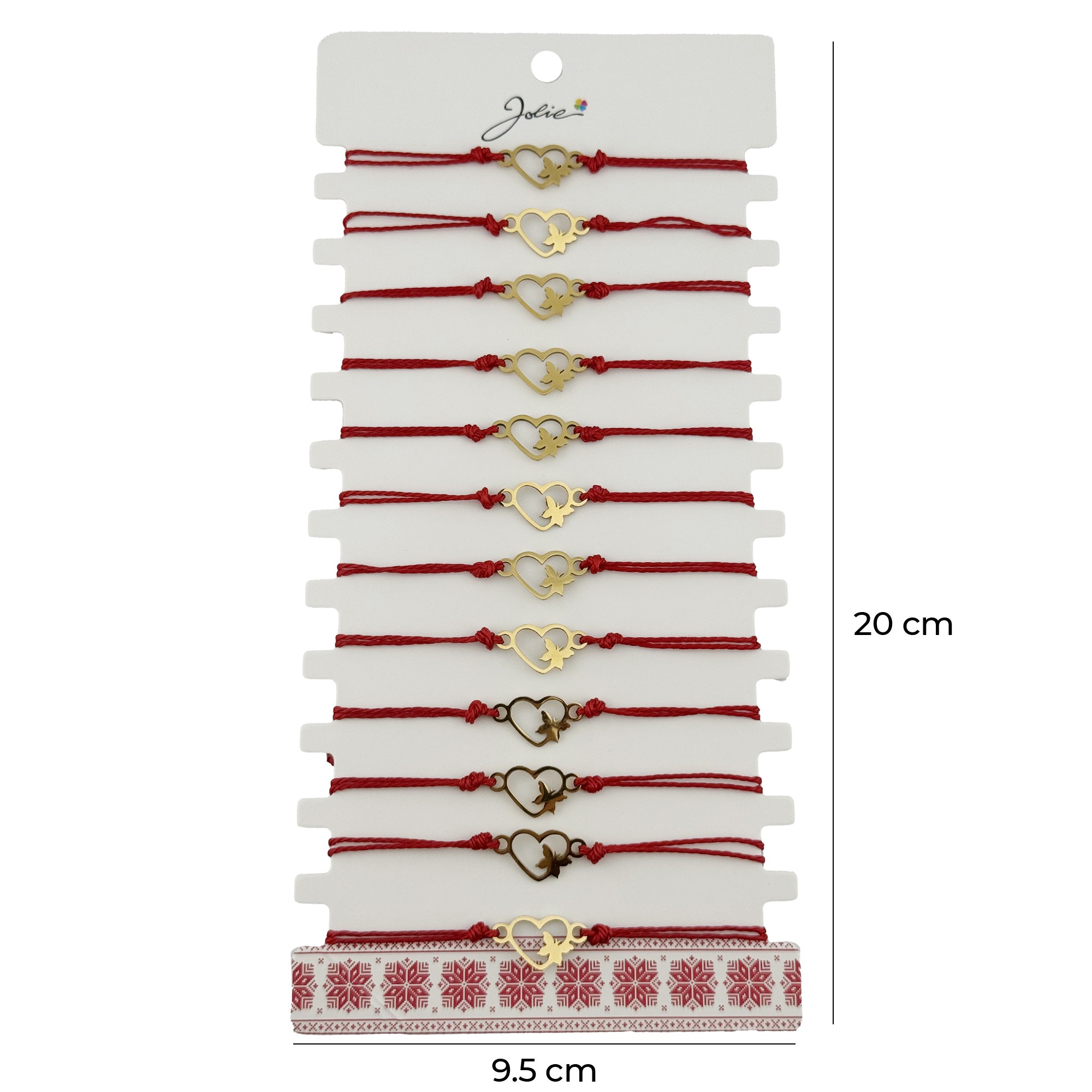 Bratara Martisor pentru Dama, Jolie, Model Inima cu Fluture, Set 12 bucati, Pandativ Auriu din Inox cu Snur Rosu Ajustabil
