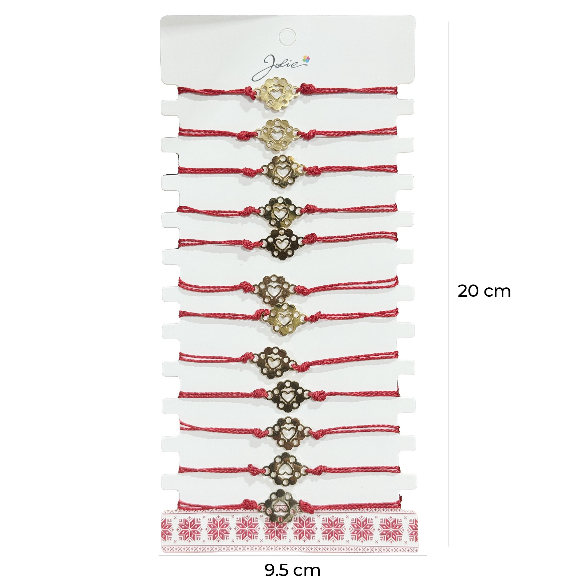 Bratara Martisor pentru Dama, Jolie, Model Inima in Floare, Set 12 bucati, Pandativ Auriu din Inox cu Snur Rosu Ajustabil